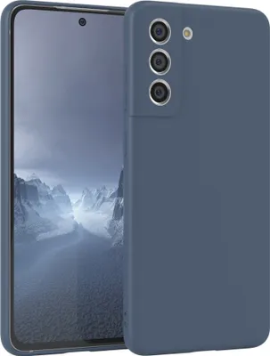 A dark blue phone case is shown diagonally in front of a smartphone with a mountain landscape on its screen.