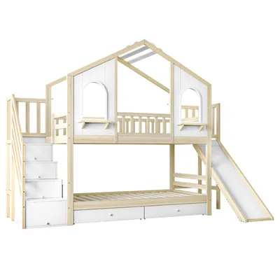Produktbild von Flieks Etagenbett 90x200cm mit 2 Schubladen, Kinderbett Hausbett mit Rutsche und Fenster, Hochbett Einzelbett mit Treppe und Lattenrost, Naturbelassen