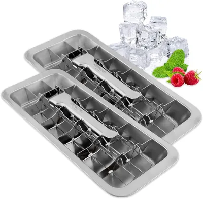 Immagine prodotto di Set di stampi per cubetti di ghiaccio in acciaio inossidabile 18/8 lucido, con leva, contenitore per cubetti di ghiaccio senza plastica e sicuro per gli alimenti, per 36 cubetti di ghiaccio di grandi dimensioni