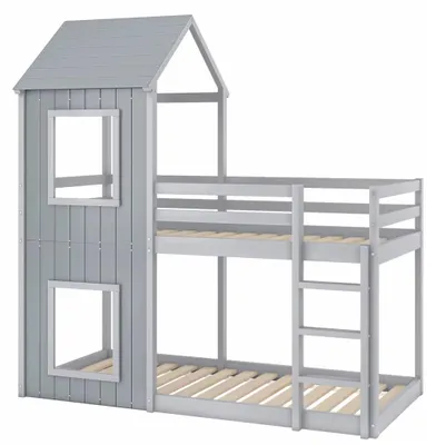 Immagine prodotto di Letto a soppalco per bambini - Letto a castello in legno - 90 x 200 cm - Scala - Tettuccio - Pino - Grigio