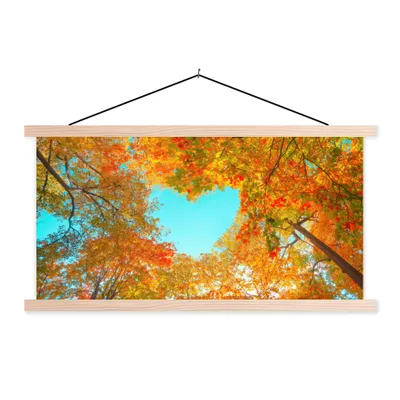 Produktbild von MuchoWow® Textilposter Bäume - Herbst - Herz - Natur - Orange - Herz 120x60 cm mit holzfarbenen Rahmen - Klemmleiste