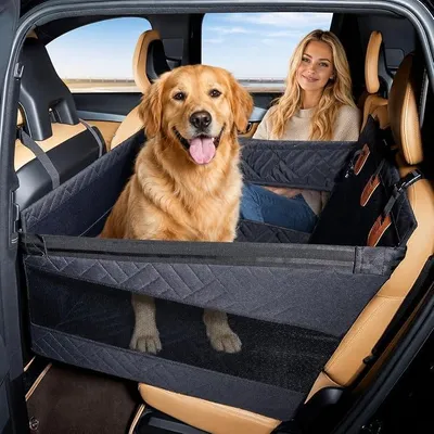 Produktbild von Hunde Autositz für Rückbank, Wasserdichter Hundesitz Auto Rückbank mit Netzfenstern und 4 Befestigungsgurten, Hundekorb Auto Rücksitz für für Mittelgroße und Große Hunde (Schwarz)