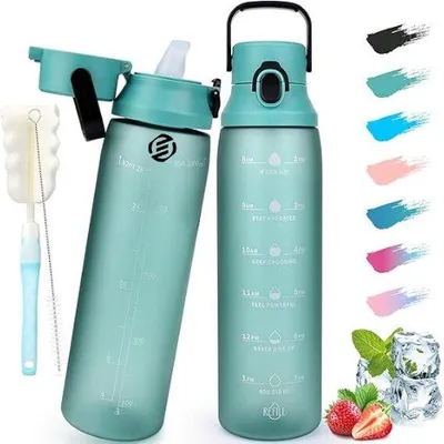 Produktbild von Famanu Wasserflasche 1 Liter - Dunkelgrün, BPA-frei, mit Zeitmarkierungen