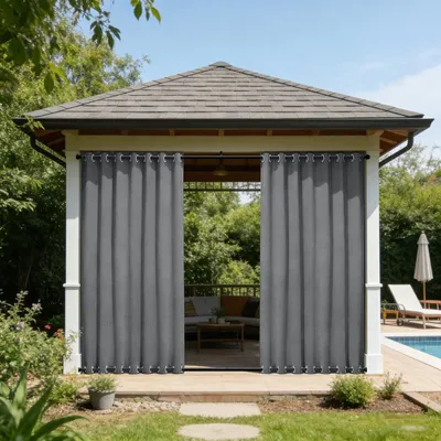 Produktbild von Outdoor Vorhang Extra Breit Leinenoptik Verdunkelungsvorhang Wetterfest mit Ösen Oben und Unten für Terrasse Balkon Pavillon, Grau, B254xH244cm
