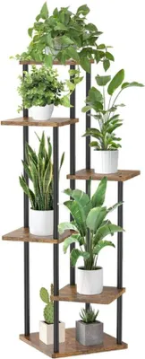 Produktbild von Metalen Plantentafel met 6 Houten Etages - Plantenstandaard voor Binnen en Buiten - Bloemenrek - Plantenrek - Tuin Etagere - Planten - Plantenzuil - 115 cm