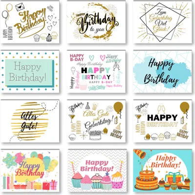 Produktbild von Domelo Geburtstagskarten 12er Set mit Umschlag, Happy Birthday Postkarten, Kraftpapier Karten zum Geburtstag, Geburtstagskarte für Mann/ Frau/ Kinder, Postkarte als Grußkarten,