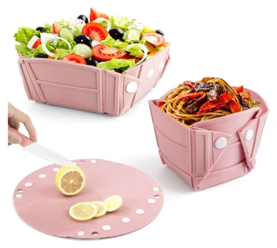 Produktbild von Faltbare Schüssel 3-in-1, Silikon Campinggeschirr als Schüssel, Teller und Schneidebrett, Tragbare Frischhaltedosen für Outdoor, Camping, Picknick und Wandern, Rosa
