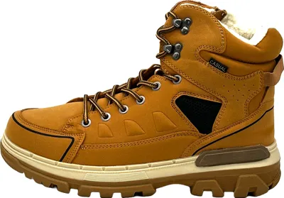 A single brown winter boot shown from the side against a white background.