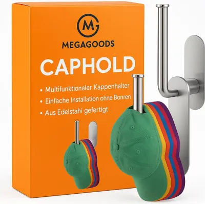 Produktbild von Basecap Halter Edelstahl 2 Stück Wandhalterung ohne Bohren DE.