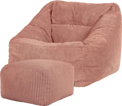 Produktbild von icon Riesen Sitzsack Sessel Bean Bag Natalia mit Hocker, Rosa, Cord XXL Sitzsack Erwachsene mit Füllung Für Das Wohnzimmer, Riesensitzsack XXL Flauschig Cord - Hergestellt in Deutschland