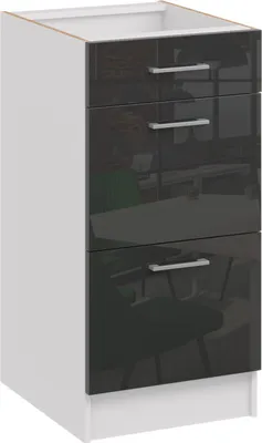 A three-drawer kitchen base cabinet with a glossy black front and white sides, shown from a three-quarter angle.