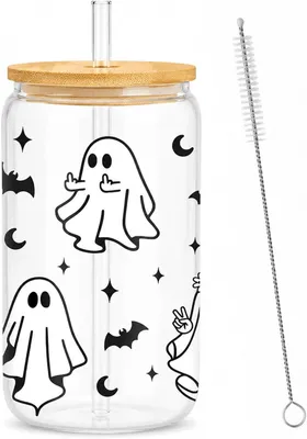 Imagen del producto de Vaso de Halloween con motivo de fantasma, de 500 ml, con tapa de bambú, ideal para bebidas festivas