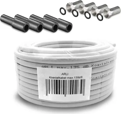 Produktbild von 15m ARLI Koaxialkabel – max. 135 dB 5-fach geschirmt UV-beständig + 4x F-Stecker & 4x Gummitüllen für DVB-S DVB-T2 4K HDTV