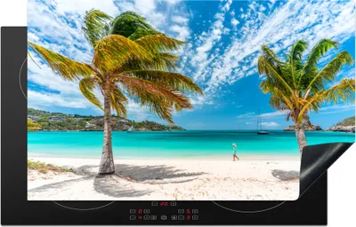 Produktbild von KitchenYeah© Herdabdeckplatte Strand - Palmen - Wolken , 83x51cm, Küche Deko, Glaskeramikkochfeld Herdabdeckung, Abdeckplatte fùr Kochfeld