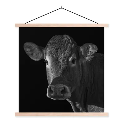Produktbild von MuchoWow® Textilposter Kuh - Tiere - Schwarz - Weiß - Porträt 120x120 cm mit holzfarbenen Rahmen - Textil-Poster