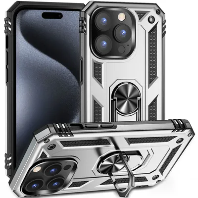 Obrázek produktu pro Pouzdro pro iPhone 15 Pro Max dvouvrstvé robustní, vojenská ochrana pouzdro s držákem prstenu a stojánkem Stříbro