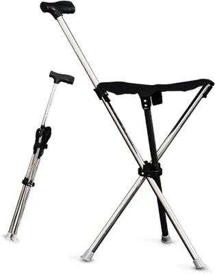 Image de Béquille avec siège - Canne de marche - Aide à la marche - Pliable, légère - Supporte jusqu'à 150 kg - Argent