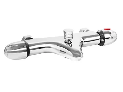 A chrome thermostatic bath mixer faucet is shown against a white background.
