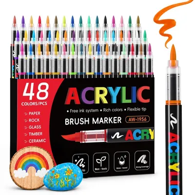 Zdjęcie produktu dla Zestaw 48 markerów akrylowych, różne kolory, z końcówką pędzelkową, kryjące, wodoodporne, do użytku na kamieniu, ceramice, drewnie, płótnie