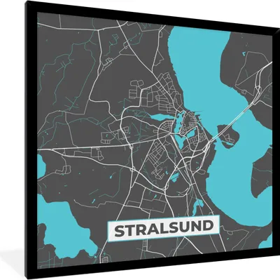 Produktbild von MuchoWow® Gerahmtes Poster Blau - Deutschland - Karte - Gold - Stadtplan - Stralsund 40x40 cm - Poster mit Schwarzem Bilderrahmen Wandposter Rahmen Foto Bilder - Mit Rahmen - Wanddekoration Schlafzimmer