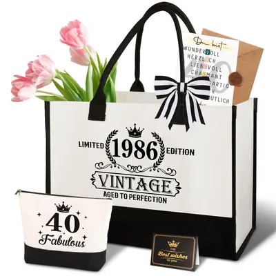 Immagine prodotto di Set regalo per il 40° compleanno di una donna: borsa in tela e set di trousse da toilette, con biglietto di auguri