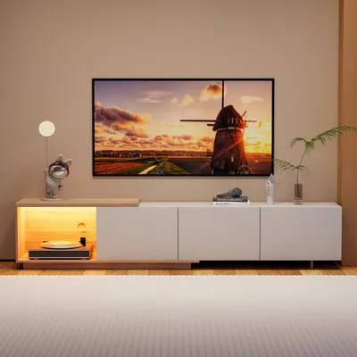Image de UnboxG Armoire TV extensible 180 cm, 163-240 cm, lumière LED à détection 3 couleurs, blanc/marron, tiroirs à rebond, passage de câbles
