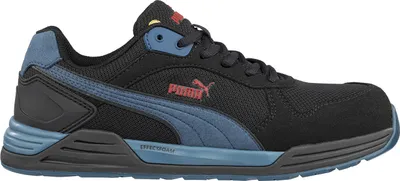 A studio shot of a black and blue Puma safety shoe.
