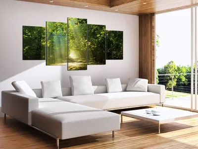 Produktbild von Akustikbild Weg Natur 200x100 cm Bilder Akustikschaum Hochleistungsschallabsorber Schallschutz Leinwand 5 tlg Wandbild Raumakustik Schalldämmung c-A-0087-b-n