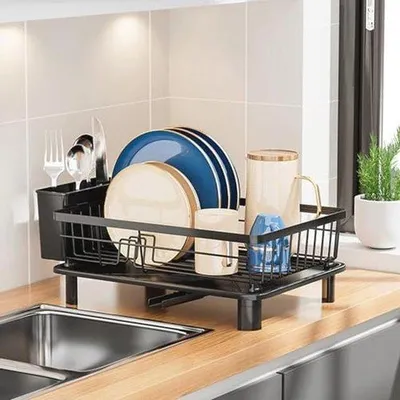 Produktbild von Geschirrabtropfgestell mit Besteckhalter, platzsparend, langlebig aus Edelstahl – für Küchen in Weiß