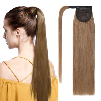 Productafbeelding van Paardenstaart haarverlenging, echt haar, omwikkelbaar, glad, 95 gram, 55 cm, lichtbruin