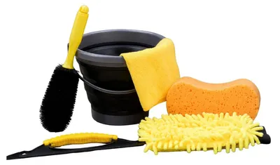Image de Kit de nettoyage pour voiture Dunlop, 6 pièces - Brosse pour jantes avec chiffon en microfibre et gant de lavage - Kit de lavage pour voiture avec seau pliable et éponge - Noir et jaune