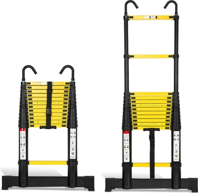 Zdjęcie produktu dla Aluminiowa drabina teleskopowa Izrielar 3,8 m czarna, drabina wysuwana ze stabilizatorem i zdejmowanymi hakami, drabina składana, drabina wielofunkcyjna, drabina schodowa, drabina domowa, drabina zewnętrzna, nośność 150 kg