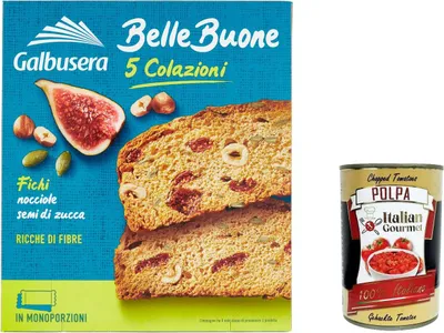Produktbild von 6x Galbusera Belle Buone Fette Spesse con fichi nocciole e semi di zucca Snacks mit Feigen Haselnüsse und Kürbiskerne 200g (5x 40g) + Italian Gourmet polpa 400g