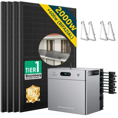 Produktbild von ALLDREI Balkonkraftwerk mit Speicher Zendure SolarFlow 2400 pro , Komplettset mit 4*500W Bifazialer Solarpanel,2,4kWh,4MPPT,Mit Balkon Halterung