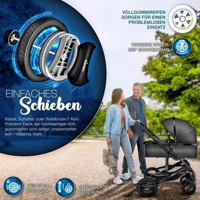 Produktbild von KIDUKU® 3 in 1 Kombi Kinderwagen Anthrazit/Schwarz Buggy Reisebuggy inkl. Auto- Babyschale Faltbar ECE R129