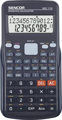 Obrázek produktu pro SENCOR SEC 170  Školní kalkulačka, 240 vědeckých funkcí, dvouřádkový LCD displej, výpočty se zlomky, goniometrické a hyperbolické, logaritmické a exponenciální funkce, nasouvací kryt