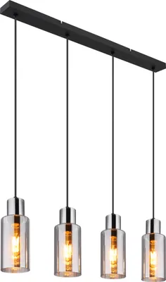 A modern pendant light fixture with four glass shades and metal accents, suspended from a black rectangular bar.