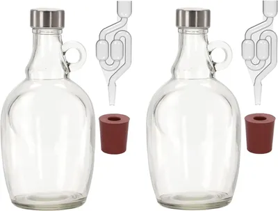 Produktbild von 2 x 1L Gärballon mit rundem Griff Rundgriff Flasche +Gummistopfen + Gärröhrchen Set