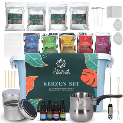Produktbild von Home of Creations Kerzen Selber Machen Set 1KG Sojawachs | Duftkerzen DIY mit Duftolen Formen Farbpigmenten | Geschenk Frauen