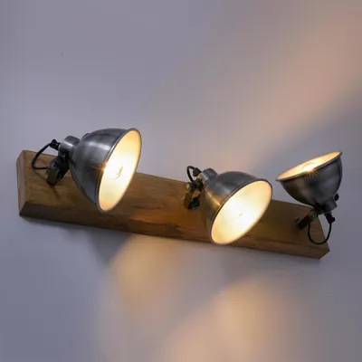 Image de Plafonnier-applique, fer, bois, spots orientables, L 74 cm