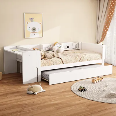 Zdjęcie produktu dla Łóżko piętrowe 90 x 200 cm z drewna sosnowego i płyty MDF z wysuwanym łóżkiem i biurkiem, wielofunkcyjne łóżko dziecięce z półkami i stelażem, białe