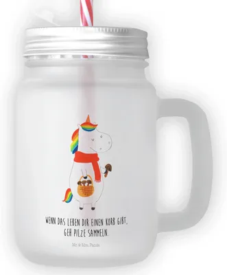 Produktbild von Mr. & Mrs. Panda Glas Einhorn Pilz - Transparent - Geschenk, Unicorn, Spruch, Pilze, Einhörner, Motivation, Cocktailglas, mit deckel, Mason Jar, Becher Strohhalm, Und