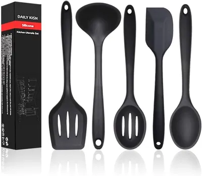 Produktbild von Tägliche Kisn Silicon Küchenutensilien Set, 5 Stücke, hitzebeständige, nicht stehende Küche - Flexibler Spatel/Turner/Servierlöffel/Suppe Kelle/Schlit