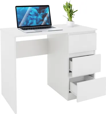 A white desk with a laptop and a plant.