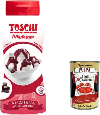 Produktbild von 6x Toschi Topping Squeeze Amarena, Kirschen Topping Sauce für Kaffee, Cocktails, Eisbecher, Porridge, Pfannkuchen und Gebäck 200gr + Italian Gourmet polpa 400g