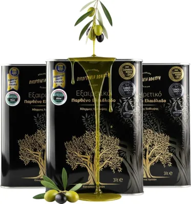Produktbild von Olivenöle 3x3 L - Unfiltriert - Fruchtiger Geschmack - Kaltgepresst - EV BLACK - Natives Olivenöl Extra - goldene Farbe - Pelion Amfissa Oliven