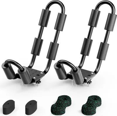 Image de Wiltec Lot 2x Galerie de toit pour Canoës et Kayaks - charge max. de 34 kg - Avec 2 Sangles de sécurité - Barre en J Support bagages Porte-bateau
