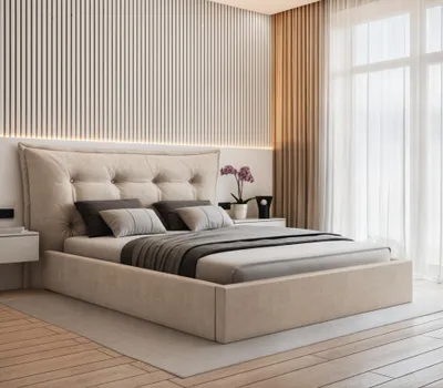 Produktbild von VALLH Polsterbett Bett 200x220 mit bettkasten Beige Samt - Kissenkopfteil mit lattenrost (Bella Piano 03)