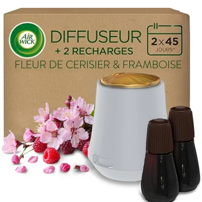 Produktbild von Air Wick Aroma-Öl Flakon Starter Set - Diffuser mit 2 Nachfüllern – Duft: Kirschblüte & Himbeere – Floraler Wohnungsduft mit ätherischen Ölen – 2 x 20 ml Öl + Gerät in Weiß