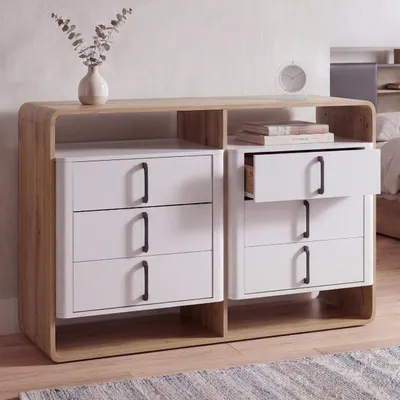 Zdjęcie produktu dla Komoda HWC-P43, szafka kredensowa, 6 szuflad MDF 80x120x42cm ~ wygląd dębu Wotan, biały